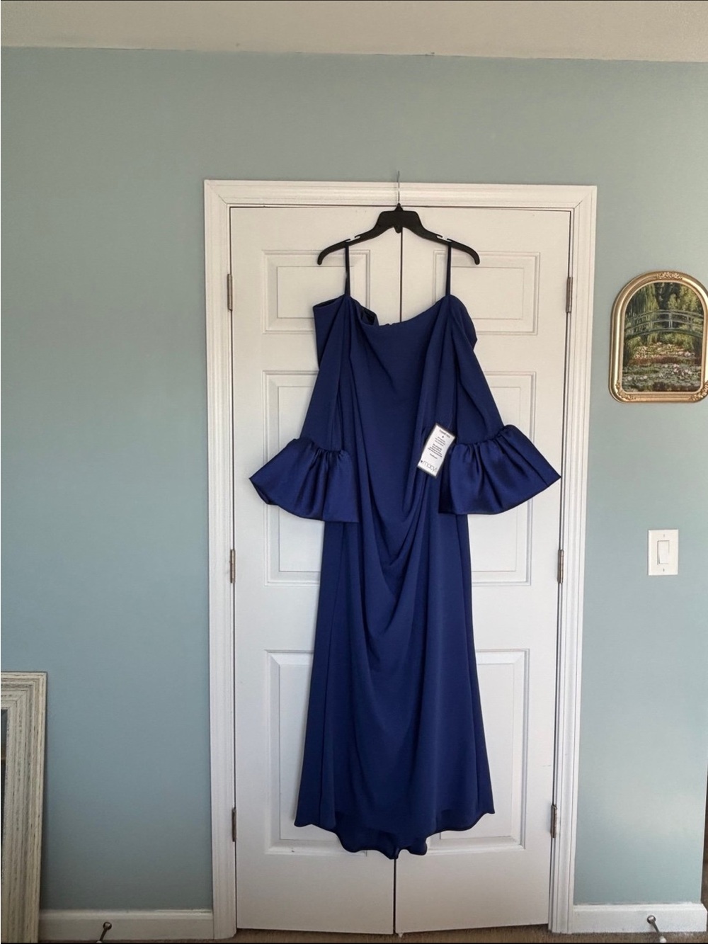 Betsy & Adam Royal Blue Off-Shoulder Midi Dress with Ruffle Sleeves